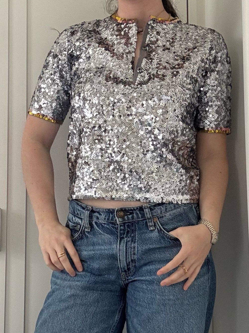 Cynthia Rowley Silver Sequin Crop Top Gold Trim XS